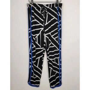 NY Collection Womens Pull On Pants‎ L Black White Geometric Stripe Modern